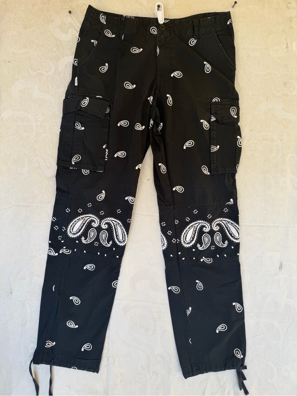 Black Bandana-Print Cargo Pants with Adjustable Hem